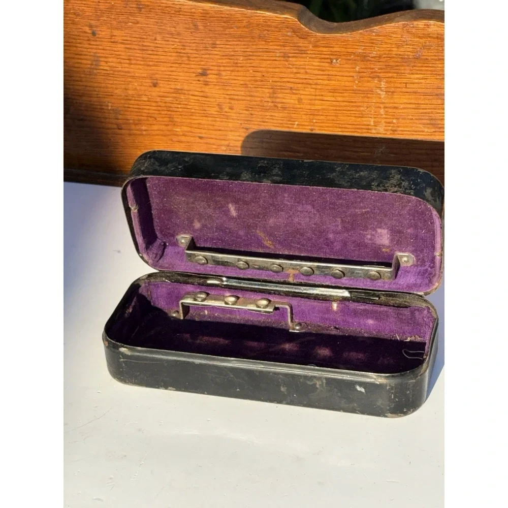 Vintage Black Metal Sewing Machine Accessories Box Purple Velvet Interior Rustic